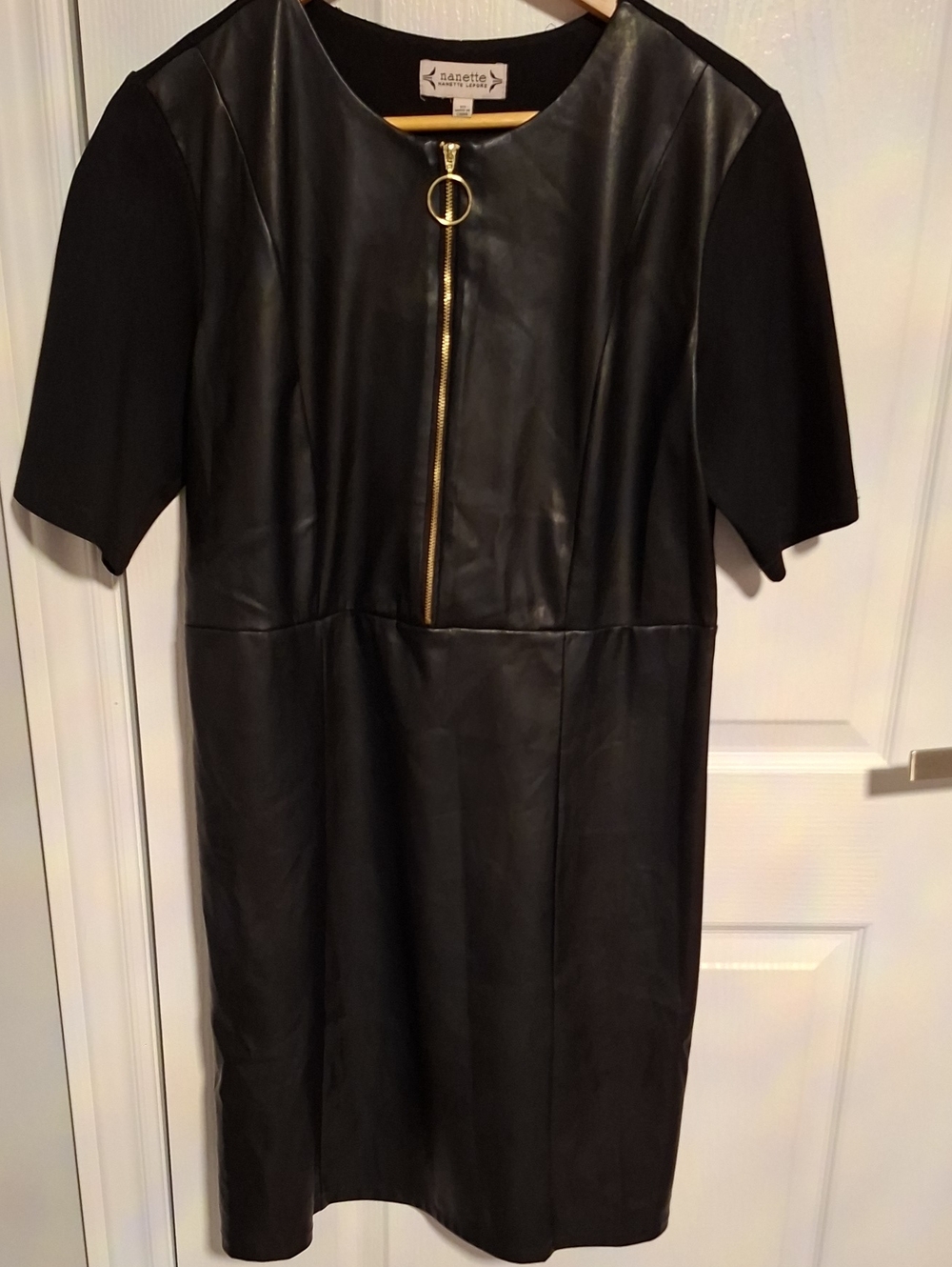 Nanette Lepore Black Faux Leather Dress with Gold Ring Zip